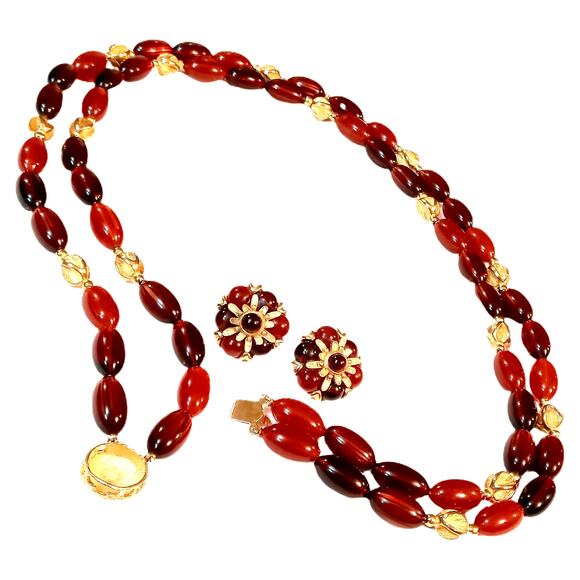 Vintage Faux Tigers Eye Faux Coral Gold Tone ClipOn Earrings and Necklace - Picture 10 of 10